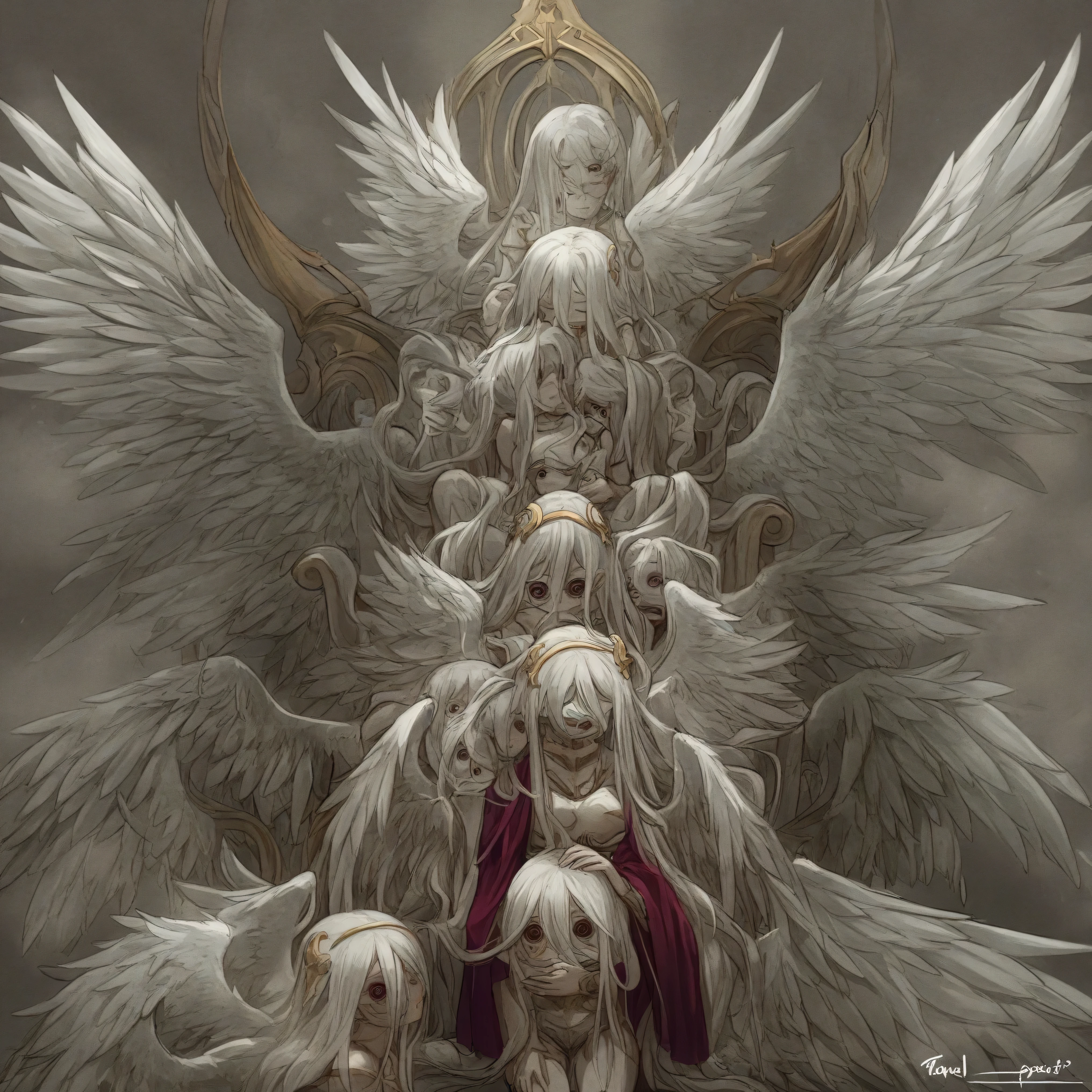 1 girl, Seraphim, long white hair, 4 pairs of wings, multiple eyes on face and body, Throne (angel) offending, Lovecraft style