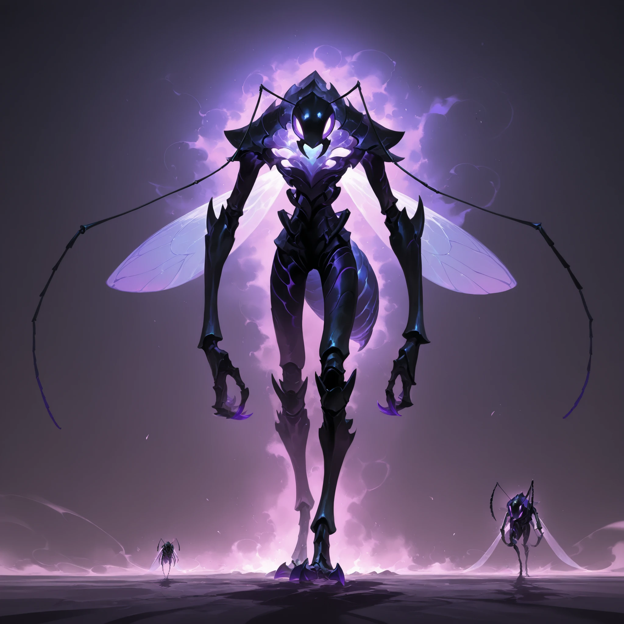 masterpiece, ultra-HD, impressionism, high detail, best quality, very aesthetic, 8k, best quality, beautiful, akb, Ant King Beru, solo, shadow body, totally black skin, black silhouette, purple aura, glowing purple eyes, antennae, wings, claws, ant, insect, anthro, monster, arthropod, standing, full body, looking at viewer, simple background, front view