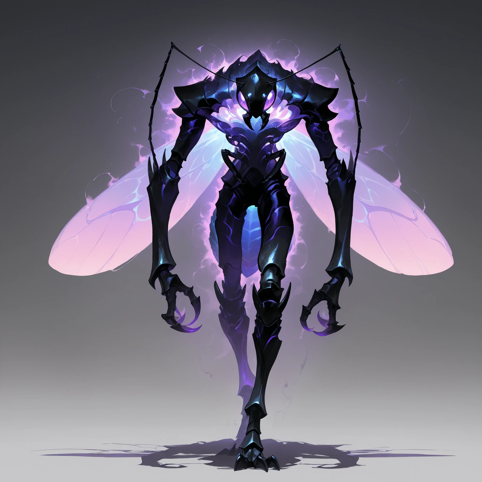 masterpiece, ultra-HD, impressionism, high detail, best quality, very aesthetic, 8k, best quality, beautiful, akb, Ant King Beru, solo, shadow body, totally black skin, black silhouette, purple aura, glowing purple eyes, antennae, wings, claws, ant, insect, anthro, monster, arthropod, standing, full body, looking at viewer, simple background, front view