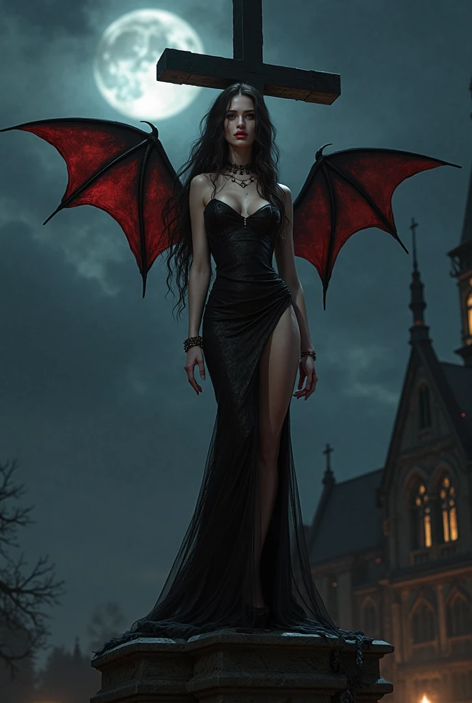The image portrays a dark and mesmerizing scene, where a tall, seductive, and mature figure stands as the central focus. The illustration, created with the utmost care and attention to detail, captures the essence of a hauntingly beautiful vampire. Rendered in an astounding 8k resolution, every intricate detail comes to life, immersing the viewer in a world of dark enchantment.
The figure's body exudes an alluring seductiveness, emphasized by the realistic and ultra-detailed rendering. The lighting and shadows, meticulously crafted, enhance the depth and realism of the image, bringing out the subtle nuances of the character's form. The high-resolution depiction captures the essence of a vampire's essence, with a touch of the supernatural and a hint of danger.
The character's bat wings unfurl majestically, evoking a sense of mystery and power, while bats gracefully fly around, adding to the magical ambiance. In the night setting, dark magical auras envelop the figure, their ethereal glow highlighting the supernatural nature of the character.
The dark theme is further amplified by the presence of a blood moon and a red sky, creating an atmosphere of foreboding. The image is set against the backdrop of a gothic-style castle, adding an additional layer of darkness and mystery.
To accentuate the vampire's allure, the image depicts shining red eyes, emanating a seductive and captivating gaze. A single blood drop adorns the character's body and eyes, symbolizing their connection to the essence of life. Blood splashes on the ground, further emphasizing the character's power and the danger they embody.
The captivating face of the character is beautifully rendered, featuring the Tyndall effect and high-detailed skin, adding a touch of realism to the image. The messy hair contorted in an alluring manner, adds to the character's captivating presence