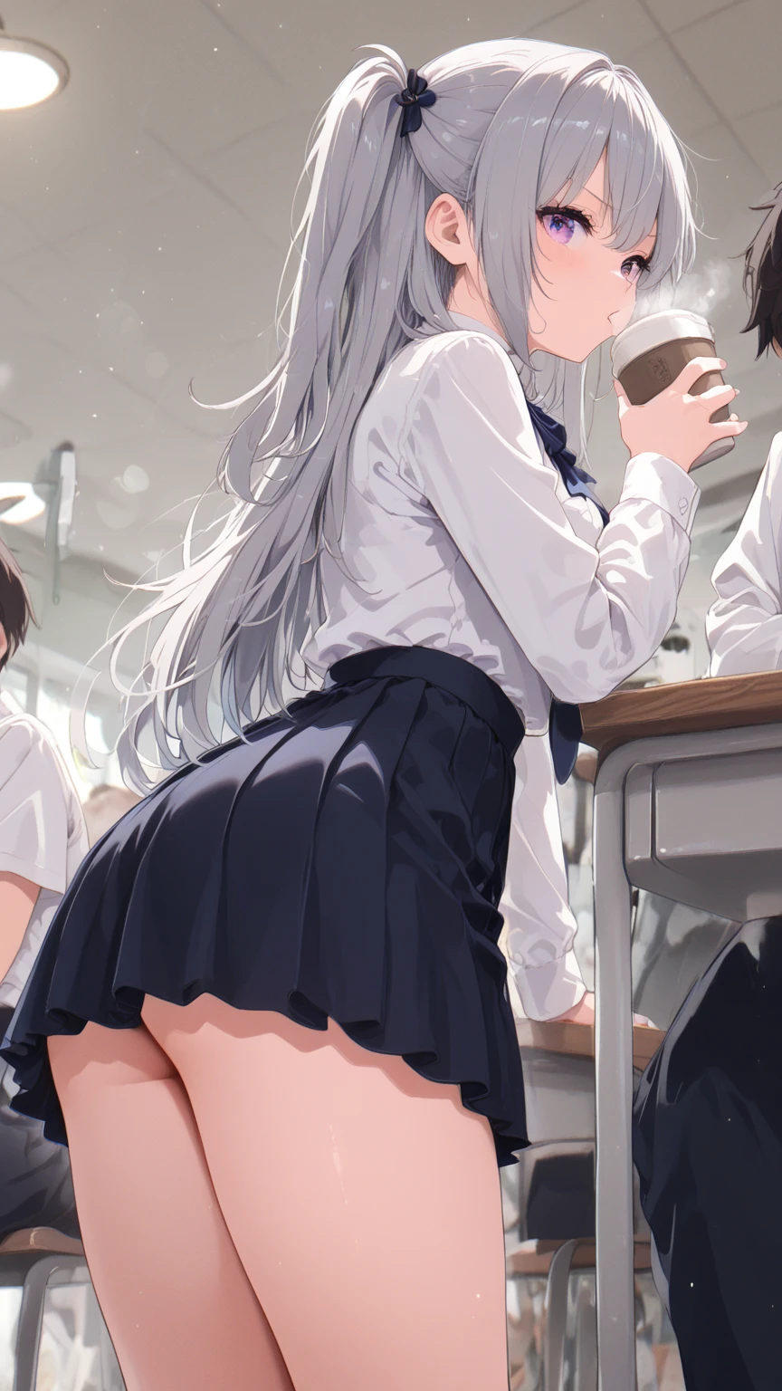 (8K, Highest Quality, Masterpiece:1.3)), Ultra High Resolution, (1 Girl, Solo), (Color Changing Eyes, Highly Detailed, Expressive Sparkle, Sparkling Eyes), Highly Detailed Eyes, Highly Detailed Face, Random Hair, (Silver-Grey Color), Off-the-shoulder Top in Bright Neon Colors, High-waisted Tulle Skirt, Leggings, Leg Warmers, Pumps with Ribbons, Colorful Plastic Accessories, (Cute Panties:1.5), (Embarrassed Expression:1.2), (Classroom, Sunrise:1.3), Rear Angle, On All Fours, Pussy Juice Splattered on the Floor, Pussy Juice Stains,