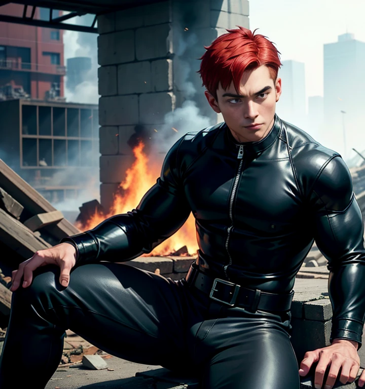 (dramatic illumination, dynamic angle, intense color contrast), (a young man with styled red hair and blue eyes, tanned skin, stubble, wearing black leather jacket, dark grey t-shirt, black denim pants, black combat boots),  (sexy smolder expression), (outdoors on wooden deck staircase)