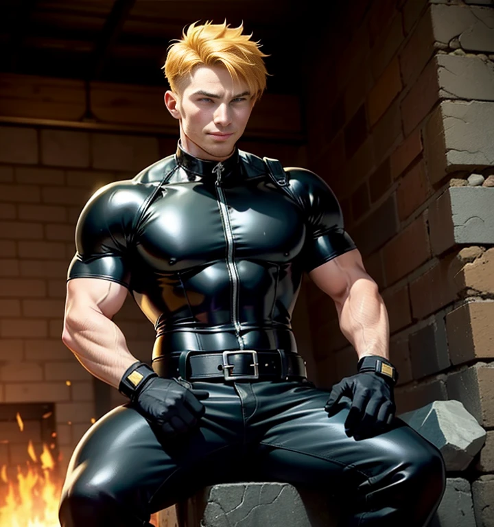 Link flexing his hard muscles, as a muscular bodybuilder with 8 sit-ups and big biceps and big pectoral muscles, bulges, gay, lgbt, in black rubber clothes.