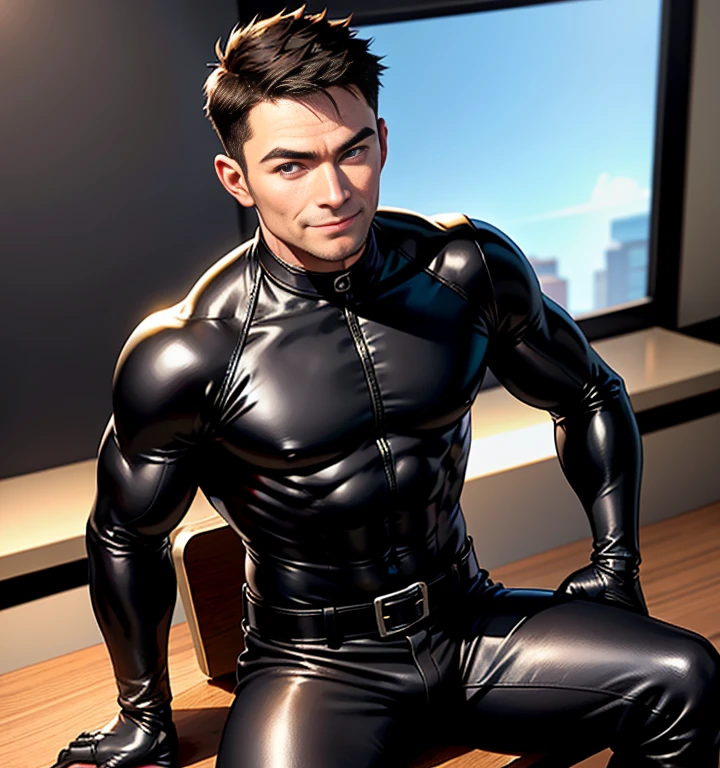 30 years old,One Man,、logic肉質、Black bodysuit、Shocker Belt、Combatant、Bedroom、sit、logic,Gay ,Very short hair。The crotch area of the pants is bulging、Stubble、Evil smile