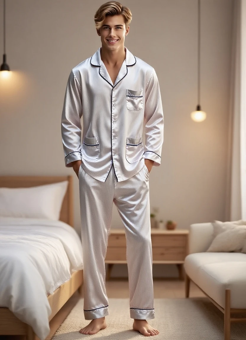 Male wolf ears, shy face, wearing this pajamas, lazing on the bed, turning his body, and a rabbit ear next to him, looking at this male rabbit looking at each other