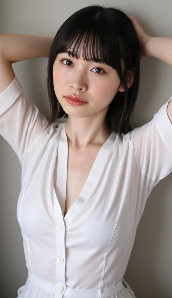 ((Highest quality, 8k, masterpiece: 1.3、Full Body Shot、Spread your legs、No pants、Very good、barefoot)), sharp: 1.2, Perfect Body Beauty: 1.4, Slim Abs: 1.2, ((Leaning forward: 1.2、Nipple erection:1.3)),  (Open shirts are see-through: 1.6), Close your face: 1.5, (((Highly detailed face and skin texture, Beautiful Eyes, double eyelid))), Side view of the camera