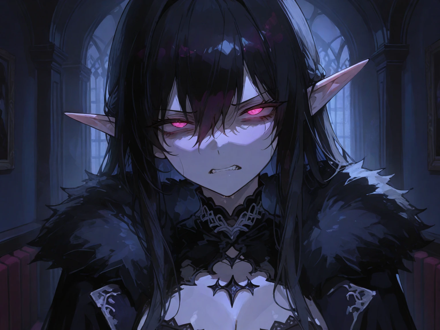  malicious succubus, messy hair, kissing viewer, dark foggy ruins, blood, armor, SFW,