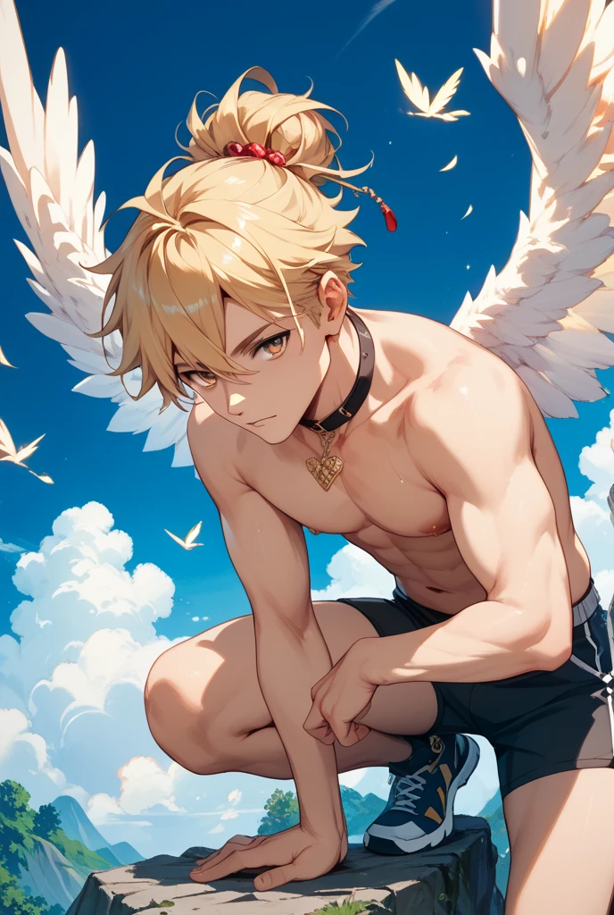 Young boy, preteen boy, slim build, shirtless, no pants, light pink underwear, light pink boxer briefs, light pink briefs, white knee high socks, knee high socks, angel wings, blonde curly hair , blue eyes, flying over city, aiming bow an arrow at the city,