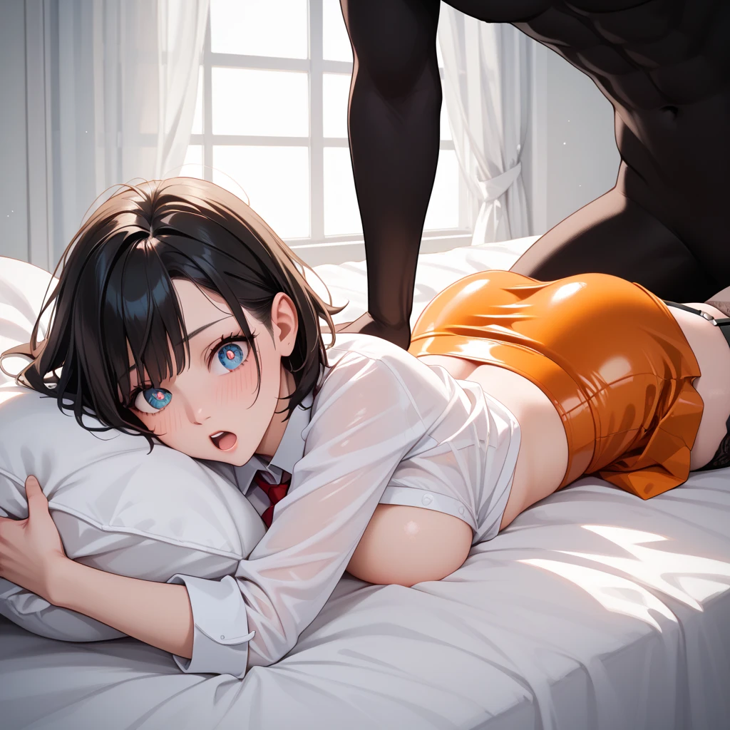 ((Highest quality)), ((masterpiece)), (detailed), （Perfect Face）、The woman is Princess Leona, naked with long light brown hair.、On a luxurious bed, a woman is picked up in a princess carry by a naked, dark-skinned black man, and a large amount of semen overflows from her pussy as she clings to the man.