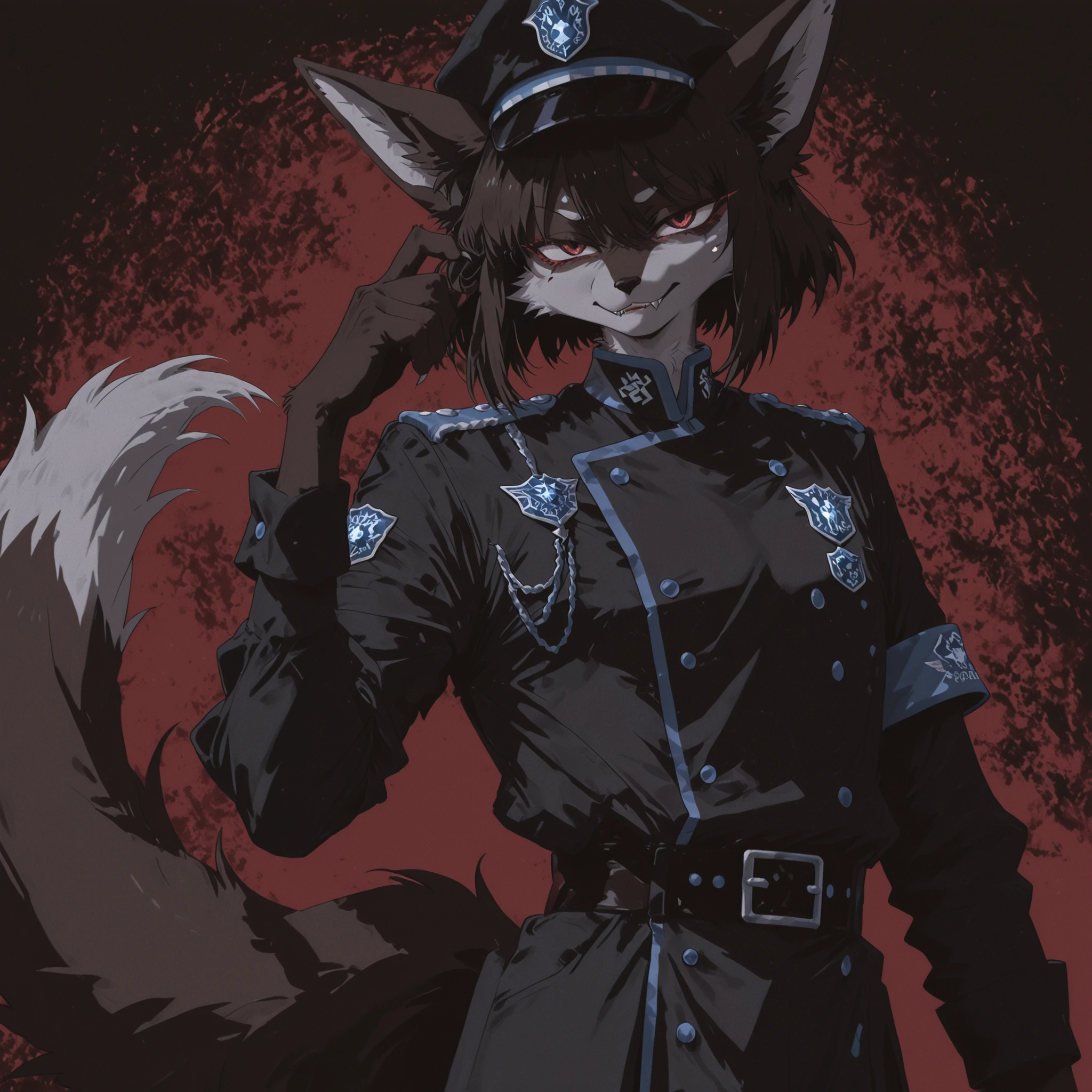 Kemono,Kemono,"Bold male furry character, fox with black fur and unique fur patterns, sharp fangs, fantasy officer uniform, kemono style, black hair, visible fluffy tail, confident expression, detailed design, dark color palette, strong and daring atmosphere,