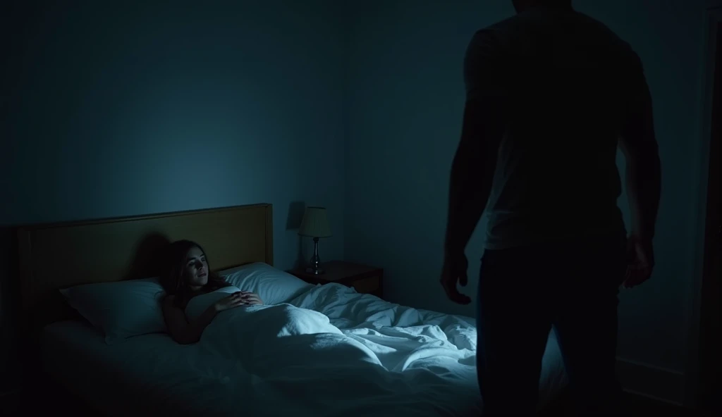 beautiful indian girl, laying on bed in nighty, a man is standing near bed, another man is standing in the door of the room