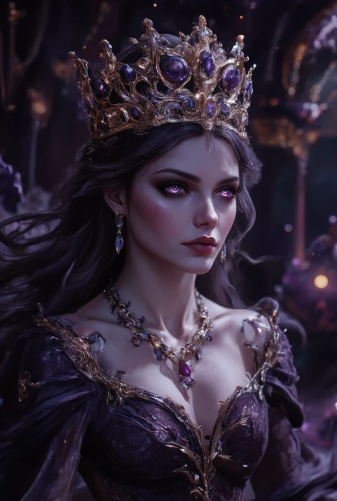 "Masterpiece, high quality, ultra detailed in 4k, 8k, high resolution, hyper-realistic photo, hyper-detailed, realistic skin texture, amazing shadows, highly detailed background, extremely detailed texture, perfect lighting" a woman (Queen) wearing an elegant Black Dress, dark long hair, outlined face, a moonlit night, full moon,
