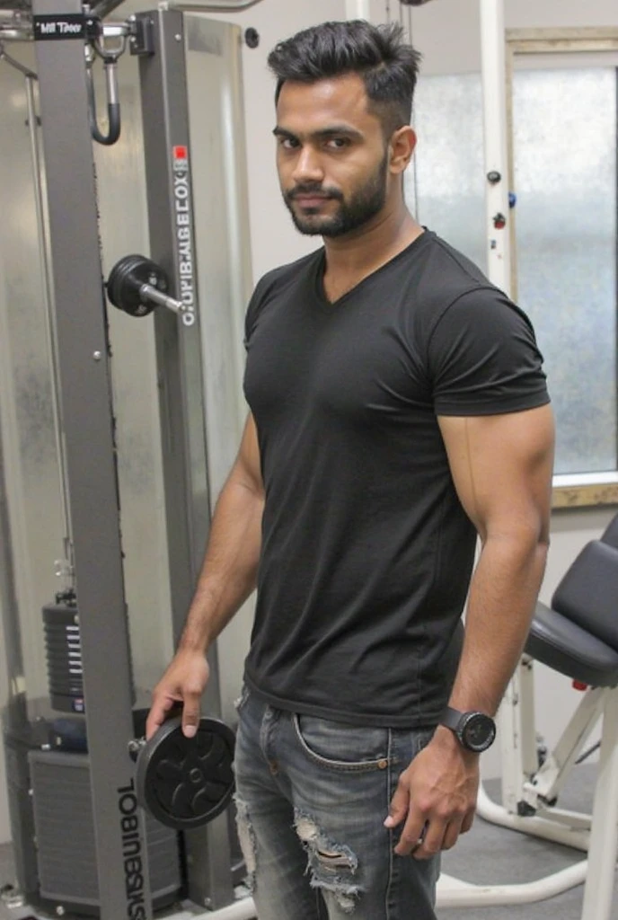 Realistic fit tamil men in gym kneel down sweating and wearing shorts and shirtless 