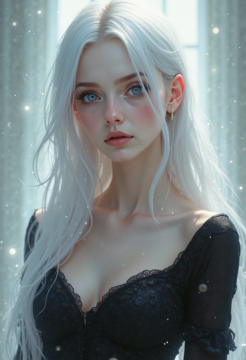de cabelo branco e blue colored eyes ((best qualityer)), ((work of art)), (detailded), raw and candid analog photo of a beautiful young woman, textura de pele realista, long white hair, blue colored eyes, Scrawny, (cloused mouth:1.1), Erotic, chilled out, fog lighting, winter, neve, 35mm