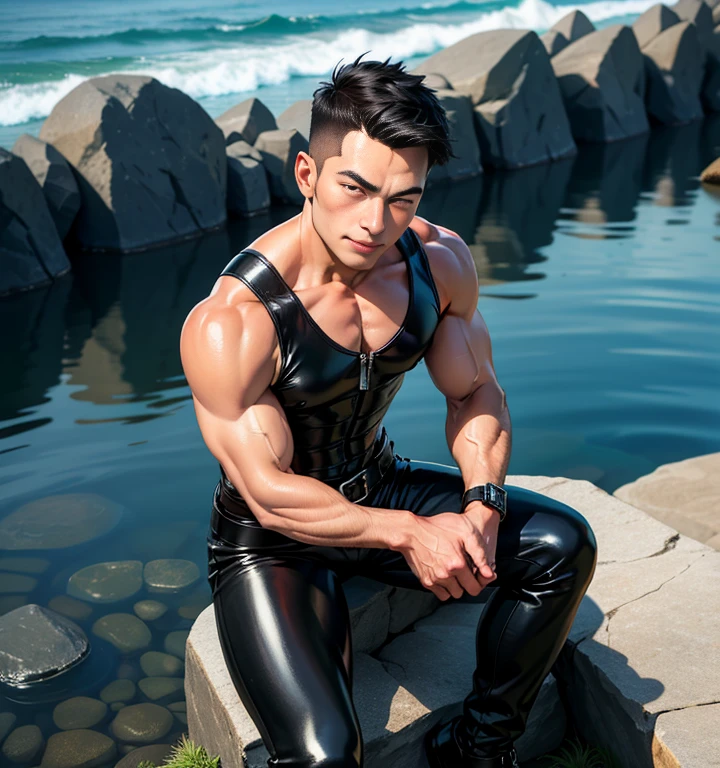 Realistic, (masterpiece, top quality, best quality, official art), very detailed, colorful, most detailed, god, short hair, black hair, handsome man, sea, necklace, beach, pectorals, abs, brown skin, blue eyes, handsome smile, wetsuit, muscular, ((wide shoulders narrow waist)), clothes full coverage,