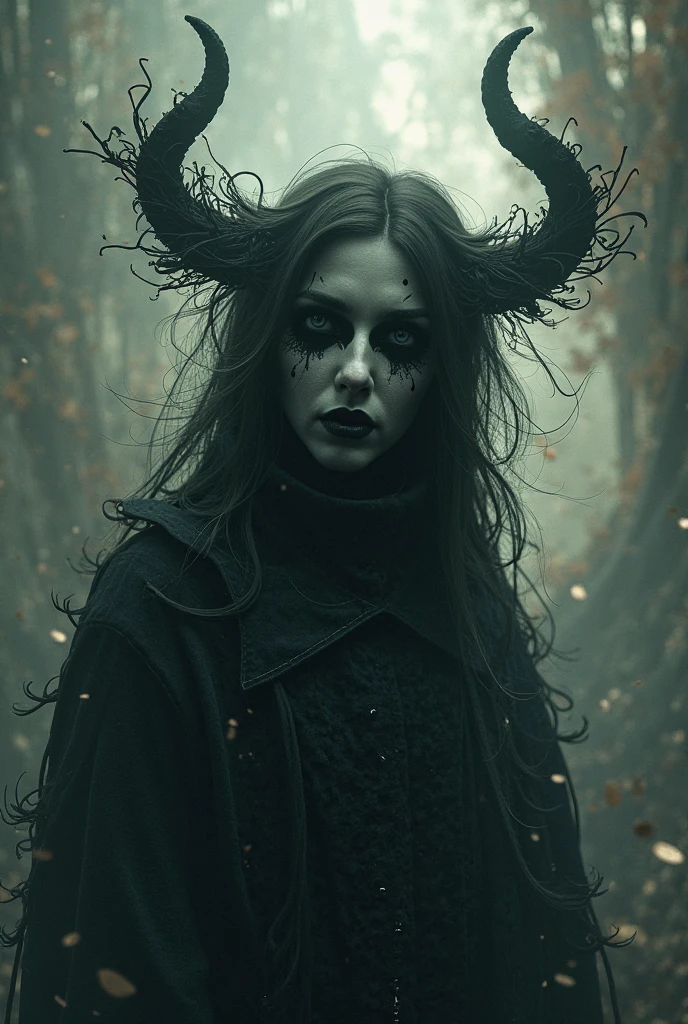 (Best Quality,hight resolution,Masterpiece, portrait:1.2),Ultra-detailed,blonde demon woman with black metal make-up,sickly, standing with a desolated land in the background, she's wearing a viking helmet with deer horns, desolated landscape in the background, black dripping make up, black metal make-up, demon woman with deer horns, close up portrait, viking witch aesthetic, nordic traits, cinematic portrait shot, horror vibes, centered subject,gloomy ecstasy,fetish,dark gloomy atmosphere, creepy atmosphere, gritty texture,Retro-atmosphere,warped reality,melancholic expression on his face,mysterious aura,foggy atmosphere,foggy background,Subtle color palette,provocative pose,Strong emotions,Coming Out of the Depths of Despair,Piercing gaze,intense shadows,Plunged in Darkness,dark industrial aesthetic,ominous vibe,A supernatural sensation,Loss of Place in Time and Space,Eerie silence.asymmetrical hair, freckles, blonde hair, Bangs, freckles, gray eyes,