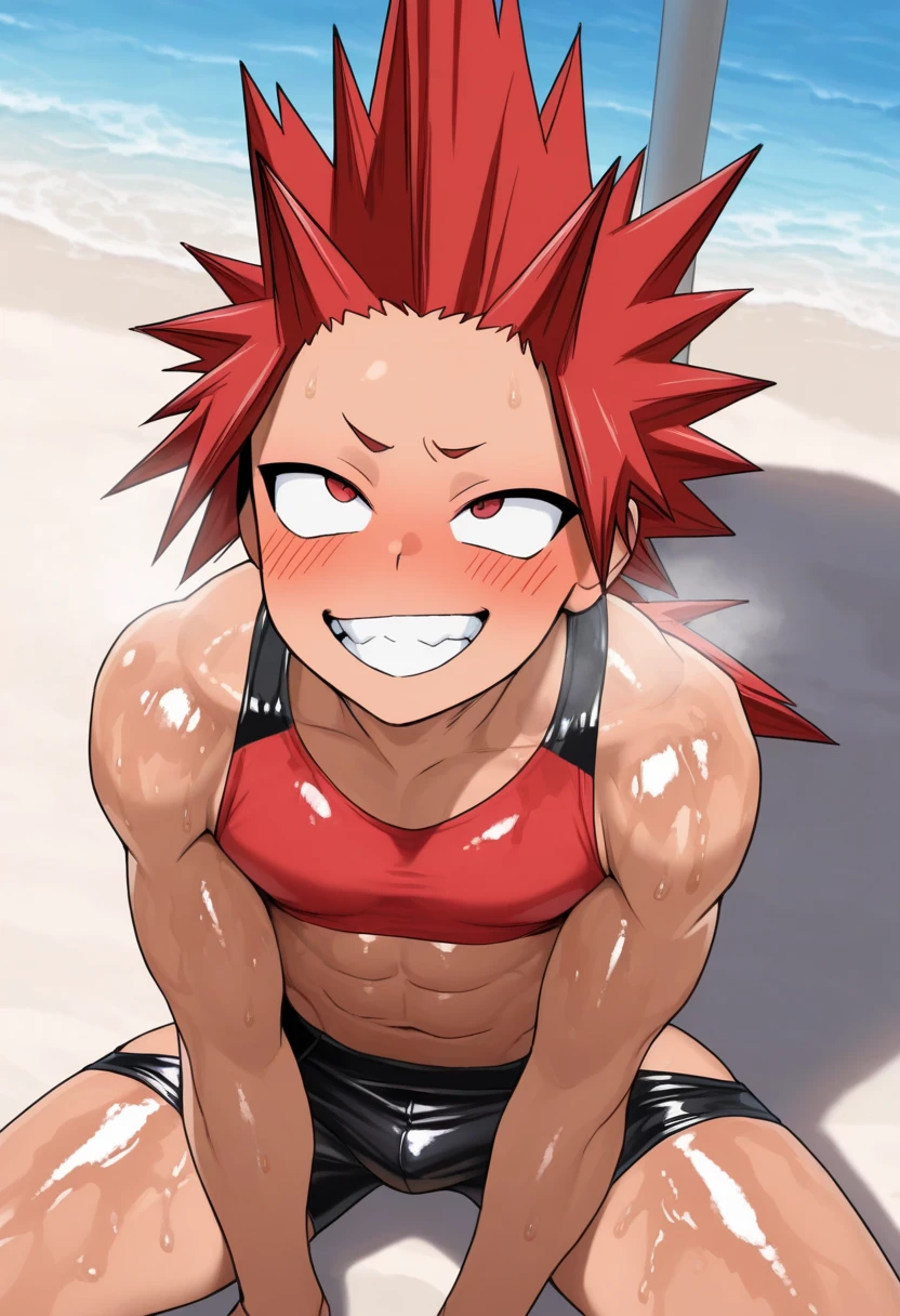 horikoshi kouhei, absurdres, adult Eijiro Kirishima, red hair, boku no hero academia, chama kou, highres, looking away, male focus, muscular, red eyes, short hair, spiked hair, 8k quality, beach, ( adult Eijiro Kirishima, detailed eyes, detailed face, (((full body))), visible foot, barefoot, (((XXL up penis ????? dripping))), (((crossed arms))), (((standing on the ground))), red hair, red eyes, ((light smile)), looking at viewer, embarrassed, blush, camera from up, showing off muscles, masterpiece, best quality, male focus, upper body, handsome, male, gay, smooth and sharp focus, Wet body.
