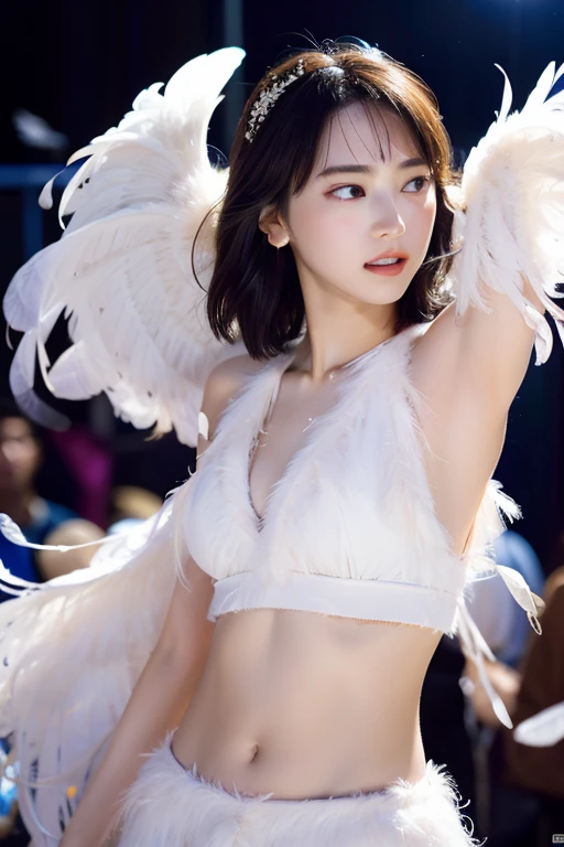 (highest quality, masterpiece, ultra high resolution, photo-realistic:1.4), (portrait, face to face), 1 girl, 20-year-old,Raise your arms and clench your fists, (K-POPアイドルコスチューム), (very short hair),(fluffy, spread hair), (short bangs above the eyebrows,,), (look up at the audience), realistic, (Simple solid color background), picture media chest), (Smile with visible teeth)