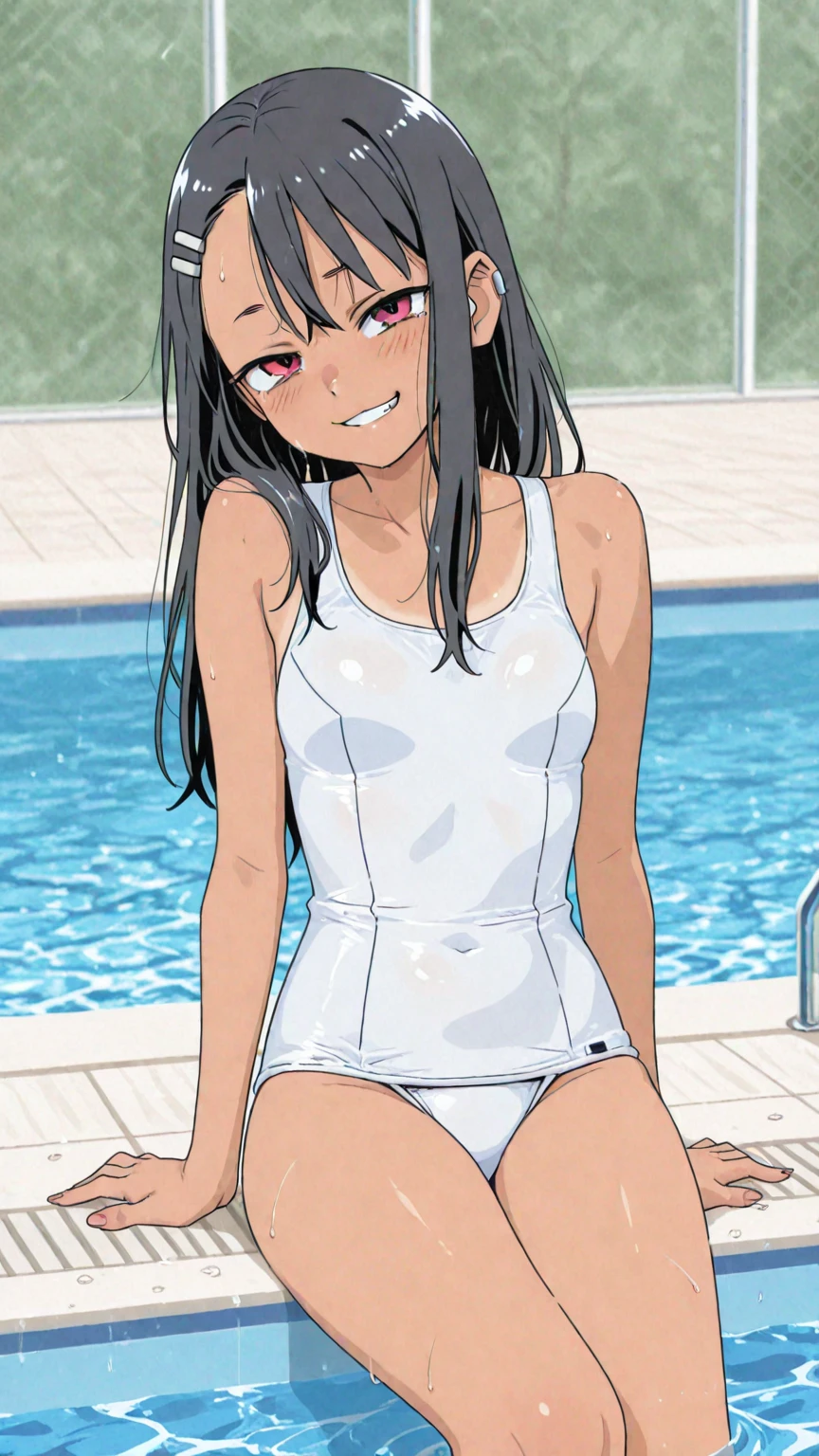 1girl, solo,sitting, small breast, masterpiece, professional artwork, famous artwork, perfect face,nagatoro hayase, brown eyes, hairclip, black hair, cowboy shot, black hair, beautiful face, intense look, ((perfect female body, narrow waist)), (background classroom), ((tan lines)), couch, looking at viewer, (((spreading legs))), white shirt, short sleeves, ((blue one piece swimsuit)), ((shirt lift)), mischievous grin