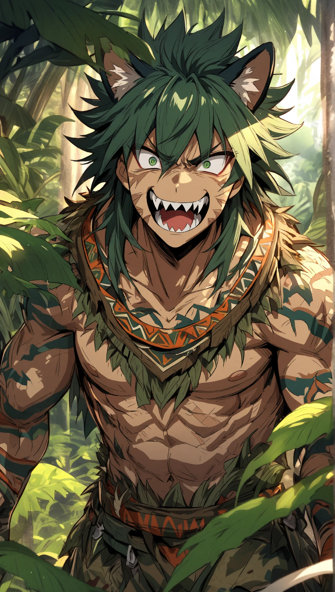 young, indigenous man, 30s, white and green hair, green eyes, tribal red face paint, evil look, in a forest, divine aura, powerful warrior, super white skin, with leaves covering his crotch