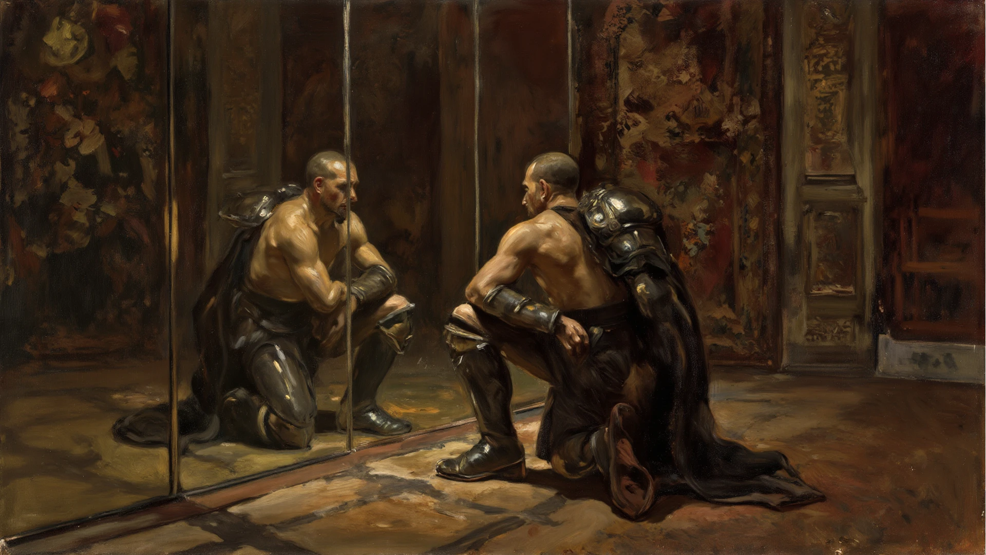 Show image NSFW, Show all images, ((best quality)), ((masterpiece)), (detailed), face, hands, eyes perfect medieval painting around 1000 AD. Nudist and fetish gay party. In a lustful atmosphere, five gay go go dancers, naked, white, muscular and handsome, exhibit their big butts and their bodies, adorned with small and erotic harnesses typical of gay anal play bdsm. Other half-naked guests watch the rough . The room is dark.