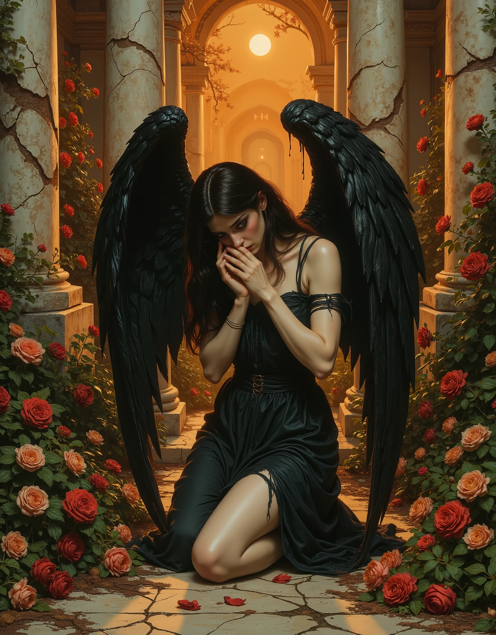 Angel with black wings, black robe, frail, demure, anemic, Victorian garden, crumbling marble, A narrative of the "dark angel" unfolds across three haunting images, each a testament to the fallen angel's sorrowful descent, echoing the Pre-Raphaelite artistry of Edward Burne-Jones and Dante Gabriel Rossetti., a figure kneels in a garden of dying flowers and vines, vast black wings unfurling like shadows. The angel, cloaked in darkness, bows over a shrouded form, its feathers jagged and worn, suggesting a fall from grace. --a solitary angel with a broken wing, her head bowed in silent despair. Her dark, flowing hair and tattered gown evoke Rossetti's intense emotional depth, the texture of her wings painted with a gritty realism that mirrors the Pre-Raphaelite obsession with nature's decay. The sepia background, cracked and stained, frames her as a relic of lost divinity, her gaze inward, embodying the fallen angel's eternal regret. -- The angel sits against muted tones and melancholic pose reflect Burne-Jones' ethereal melancholy, where divine beauty meets earthly ruin. -- Barry Windsor Smith -- Lurid vivid colors and details,an ominous mood, chilling atmosphere, smoky ambiance, cinematic composition, detailed, intricate, medium contrast, murky blue and green back lighting, volumetric lighting, romantic period art, lurid and vivid colors, "anatomically correct human" "realistic proportions" "natural human pose" "full figure, accurate anatomy" "correct fingers and joints", moody lighting, chiaroscuro, Italian pulp comic color palette, saturated dark orange tones and dark muddy greens, sparse red tinges on the edges of objects, film grain, , dramatic shadows, unnatural angles, dark frame around image, vignette effect, Suspended reality and dreamlike quality, Symbolic and grotesque imagery, Intricate lighting and shadow play, Stylized color palettes, Dynamic framing and composition, erotic, sexy, NSFW, more of a classic painting/illustration style than a photograph