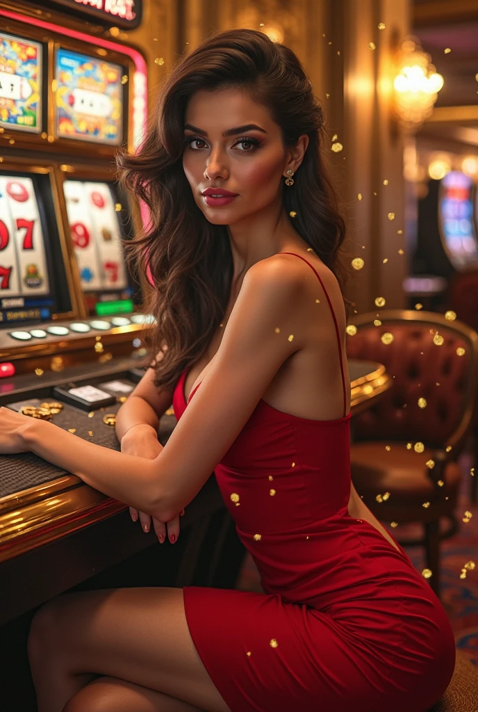A captivating photo of a stunning redheaded young woman at a roulette table, exuding confidence and joy. She has vibrant green eyes that contrast with her fiery hair, and she's wearing a stylish black dress with a plunging neckline. Her smile is radiant, and she appears to be enjoying a night of glamour and excitement. The casino's atmosphere is palpable, with the roulette wheel spinning in the background and a dimly lit chandelier overhead., photo