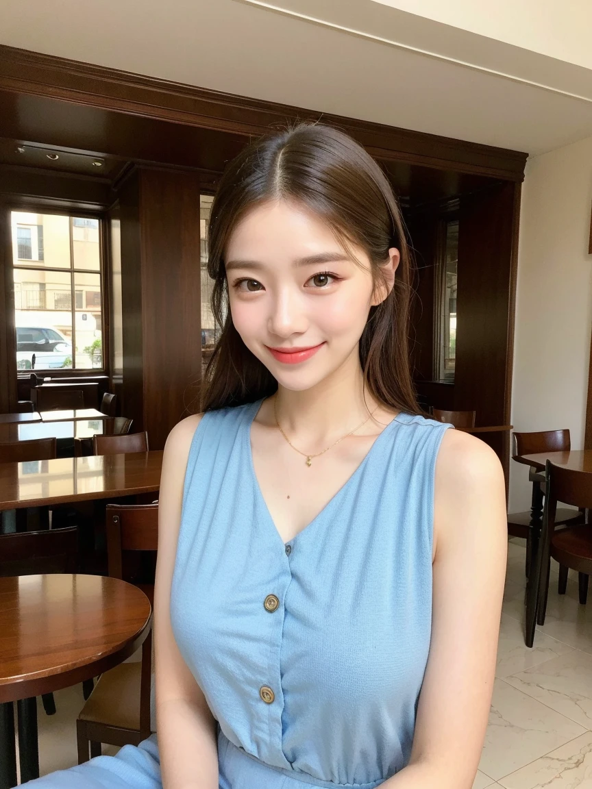 one person、14 years old、Full body photo、slender、woman、White drool coming out of the mouth、smile、Natural Shorthair、 Fair skin, messy hair, super cute、Soft and Face、8K resolution、Surreal、Ultra high definition、 A-cup small breasts((Highest resolution、8k、masterpiece:1.3))、Ultra-fine face、Ultra Fine Lips、Beautiful Eyes、double eyelid,Light blue wall、Blue and green checked bandeau dress:1.1、Thighs、thin,Thighs are visible、Shapely small breasts、Sitting in a chair、