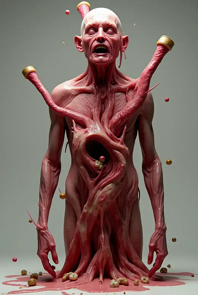 A bizarre, unsettling scene of a reality constructed entirely from meat, flesh, organs, and blood. The landscape is a grotesque mix of limbs, entrails, and veins that form a twisted, nightmare-like environment. Distorted humanoid figures made of flesh and blood are seen wandering through this macabre world, their expressions a mix of horror and confusion.