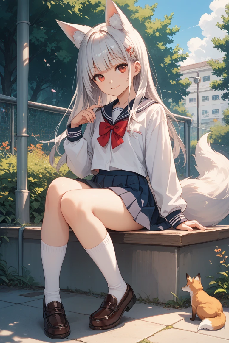 ((masterpiece, best quality)),a girl, solo, skirt, sky, sitting, pantyhose, serafuku, cloud,outdoors, neckerchief ,day, bangs, fence, shirt, ahoge, rooftop, long hair, white pantyhose,white hair, white , white sailor collar,red eyes, sailor collar, white skirt, red neckerchief, white serafuku, animal ears, blue sky,white shirt, looking at viewer, closed mouth,cat ears, chain-link fence, white skirt, cloudy sky, trash can, pleated,no shoes,Exposing underwear