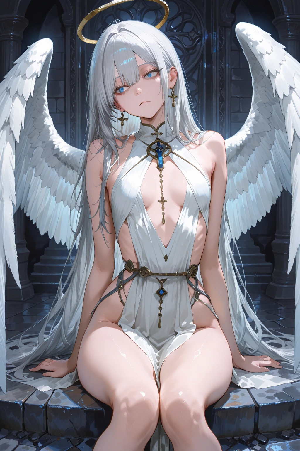 ((masterpiece)), (Highest quality), (Simple style), Silver hair, long hair, blue eyes, heaven, angel wings, naked, masturbation, cloth costume