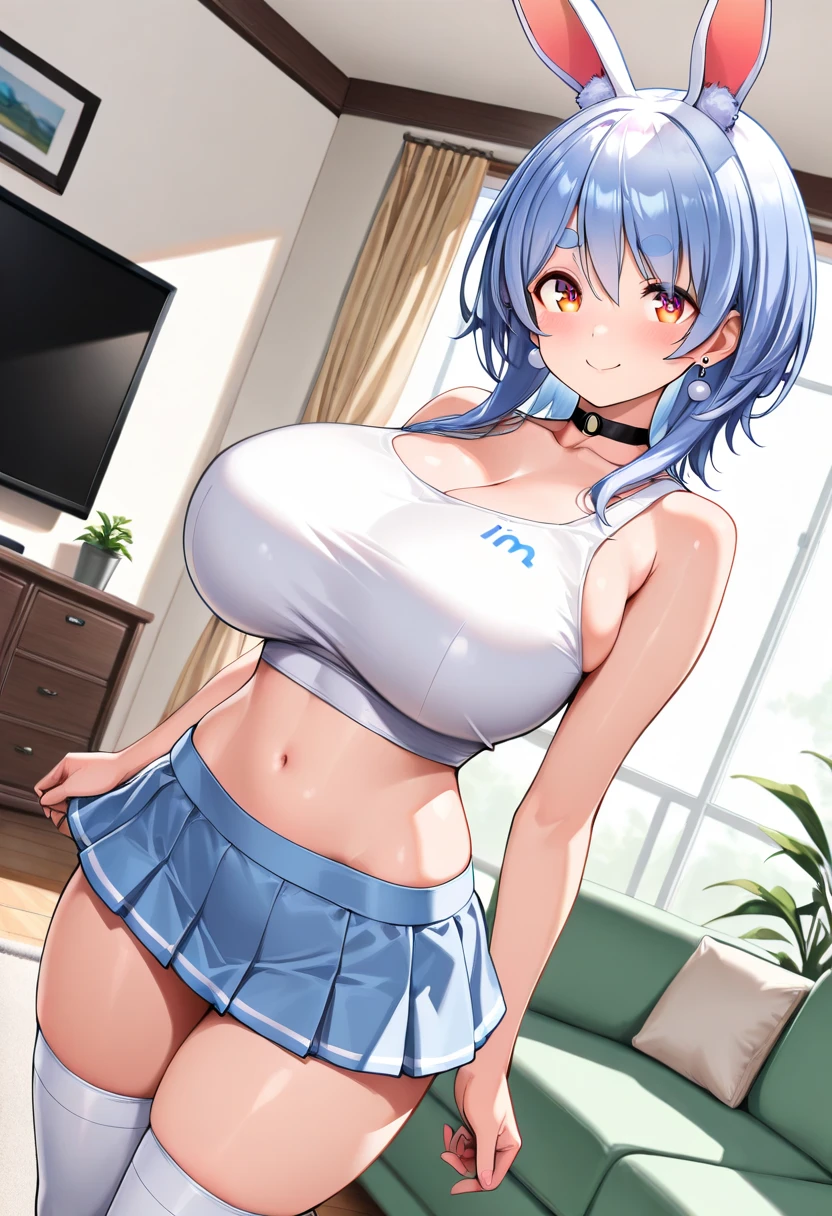 1girl, bunny ears, rabbit ears, very short hair, pixie cut, blue hair, purple eyes, light smile, fang, ((fang)), large breasts, thick thighs, gym uniform, shirt, white shirt, short pants, white shorts, standing, thighhighs, sportswear