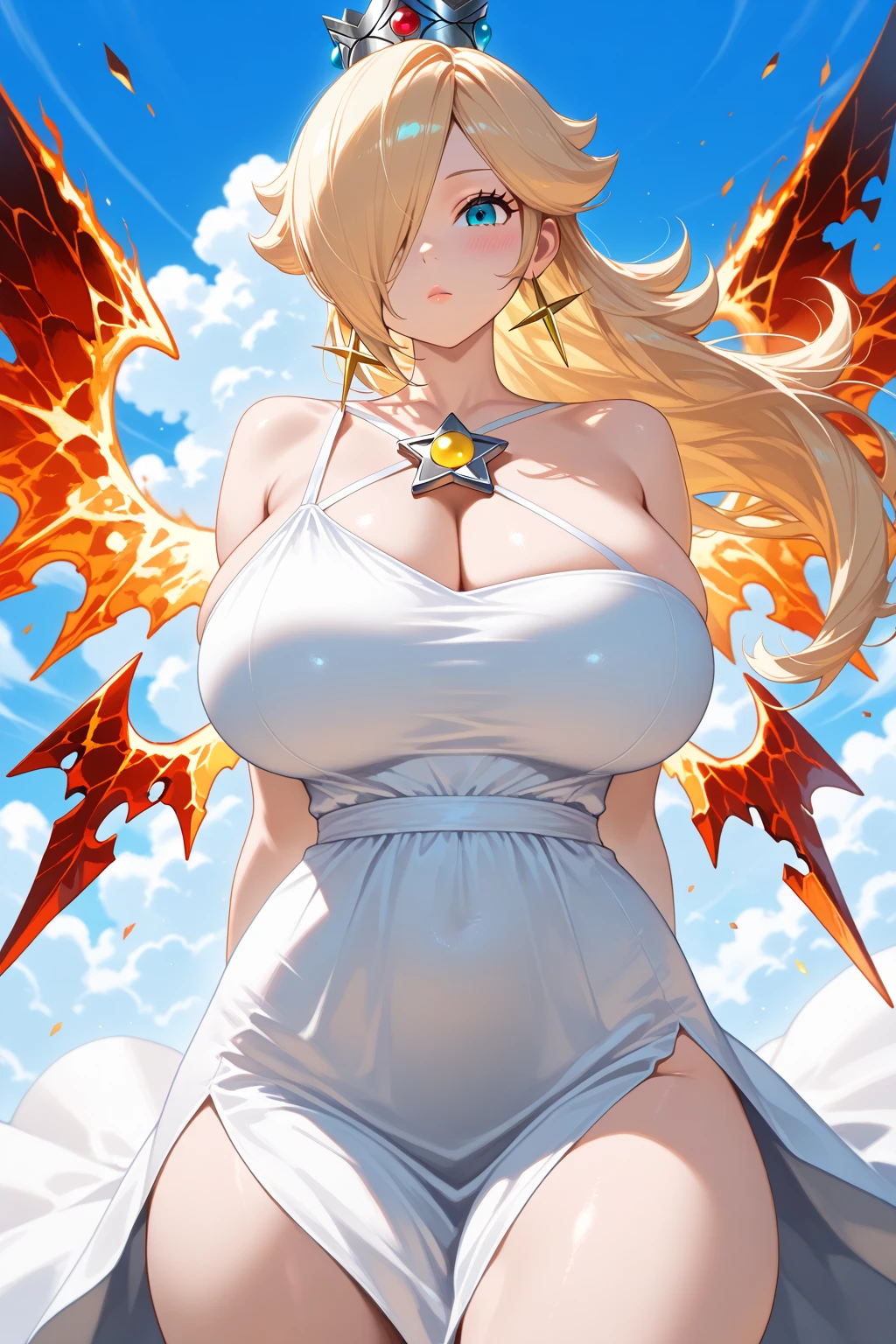 japanese anime style。illustratio。Dark Fantasy。White feathers。girl with。a blond。undergarment。impressive background。battle field。Colossal tits。pubick hair。a miniskirt。A little angry。all-fours。heart、goddes、blessings