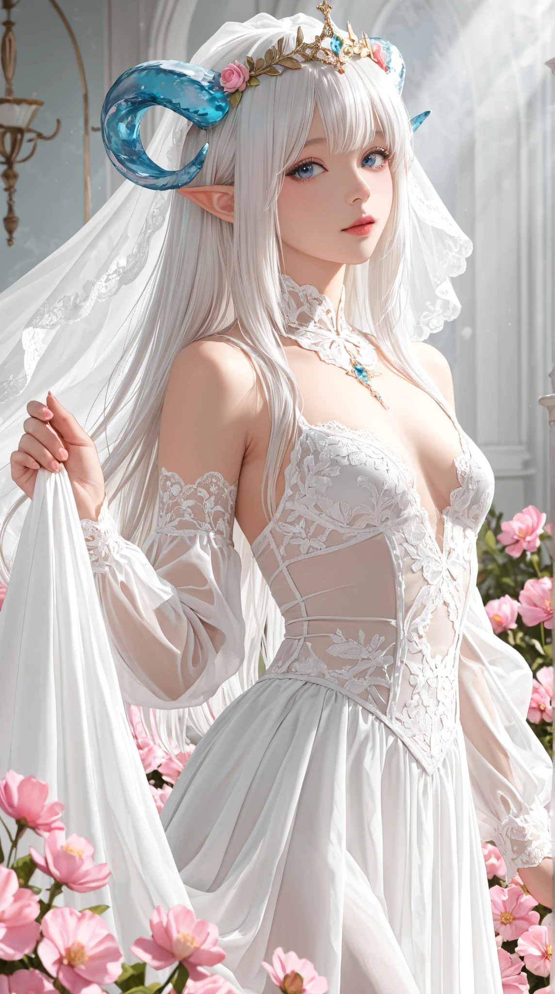 anime girl in a white dress with a white long hair, ((a beautiful fantasy saintess), anime visual of a young woman, anime key visual of elegant, a beautiful fantasy saintess, full body xianxia, cute anime waifu in a nice dress, white haired deity, ethereal anime, royal elegant pose, anime goddess, big breast, thick ass, with temple background