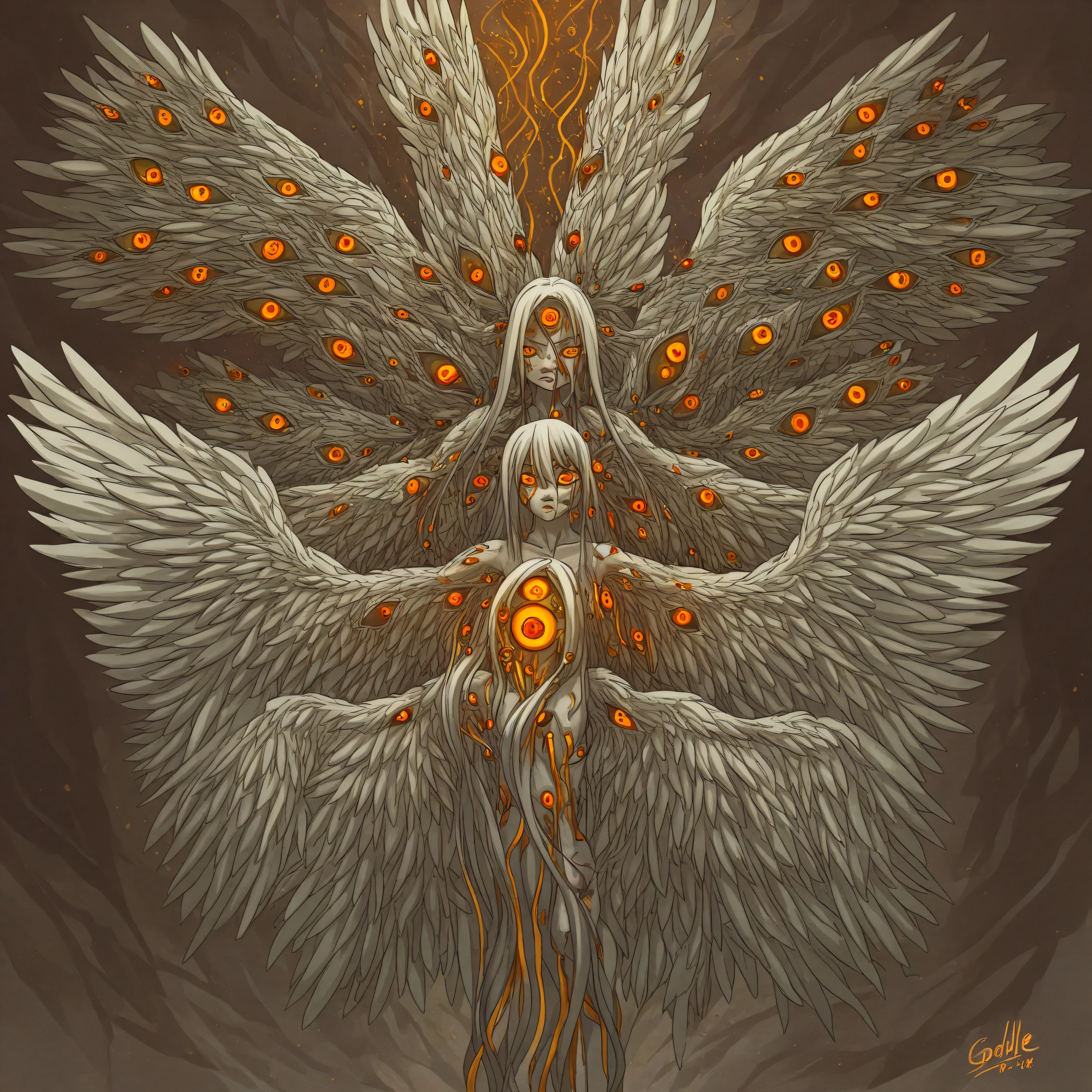 1 girl, Seraphim, long white hair, 4 pairs of big wings, yellow and red eyes, multiple eyes on face and body, godlike, Lovecraft style