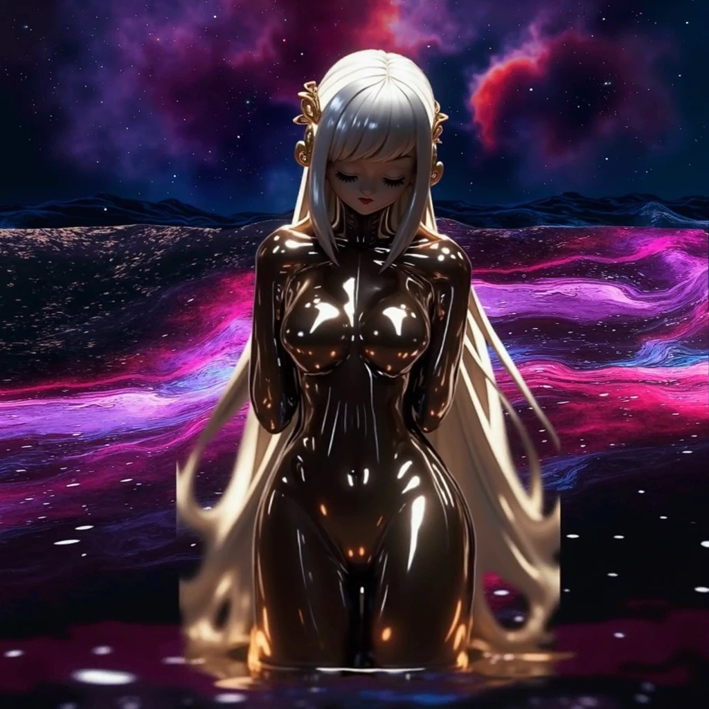 ((18-year-old girl)), Nice face, Very long hair, Fine grain, Detailed lips, Small breasts, ((Shiny clothes, Golden Clothing)), ((Cross Race)), Bare waist, sardine, ornament, jewelry, antique jewelry, loop, strap, Dim lighting, Spectacular views, ((Night view:1.5)), ((Realistic Moon)), Cherry Blossom, beautiful, rain, Flowers, butterfly, Water reflection, 4090 Graphics, (Unreal Engine 5), Ray Tracing, bloom effect, Front Pose,
information