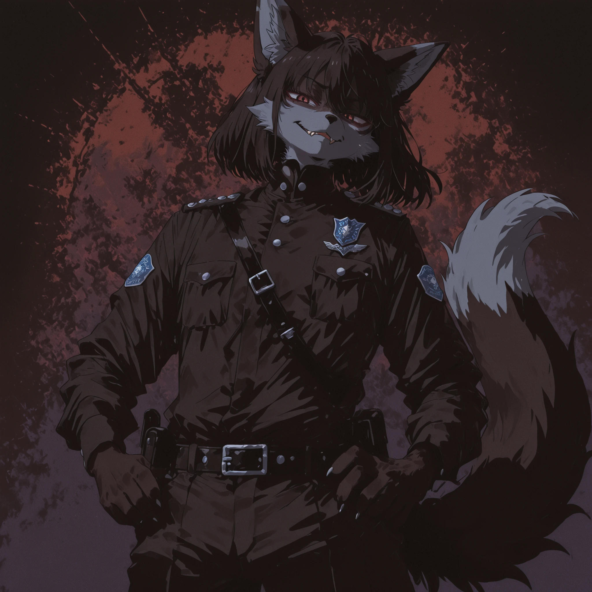 Kemono,Kemono,"Bold male furry character, fox with black fur and unique fur patterns, sharp fangs, fantasy officer uniform, kemono style, black hair, visible fluffy tail, confident expression, detailed design, dark color palette, strong and daring atmosphere,