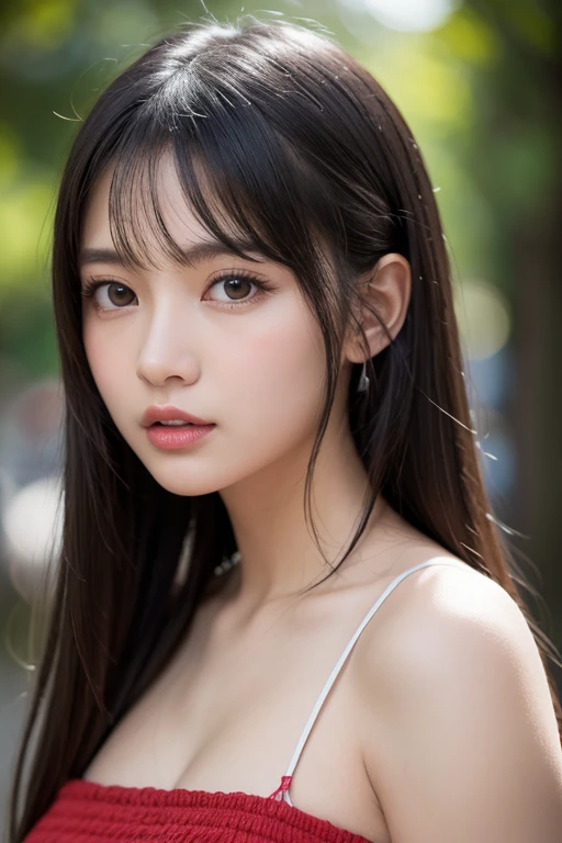 Produce the highest quality and highest resolution 8K images。Please draw the upper body of a 20 year old Japanese woman.。Please draw an image of someone sitting on a park bench looking up at the sky.。She has brown eyes and a model figure.、She has an idol-level cute face.。The hair is long。The skin is、It is a natural skin color。
