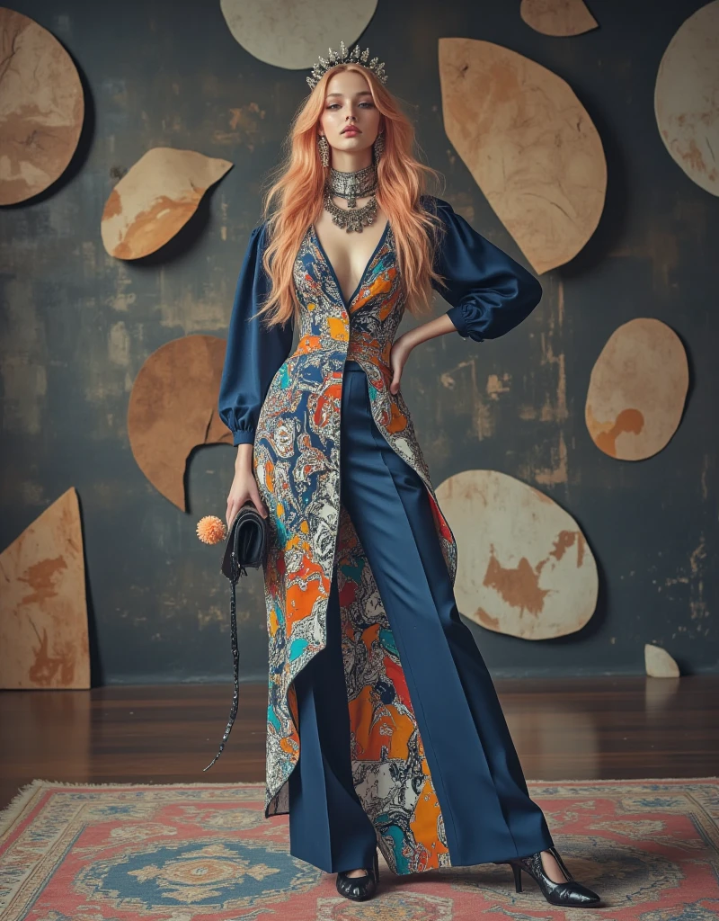 Beautiful woman in intricate Bold and Patchwork Outfit