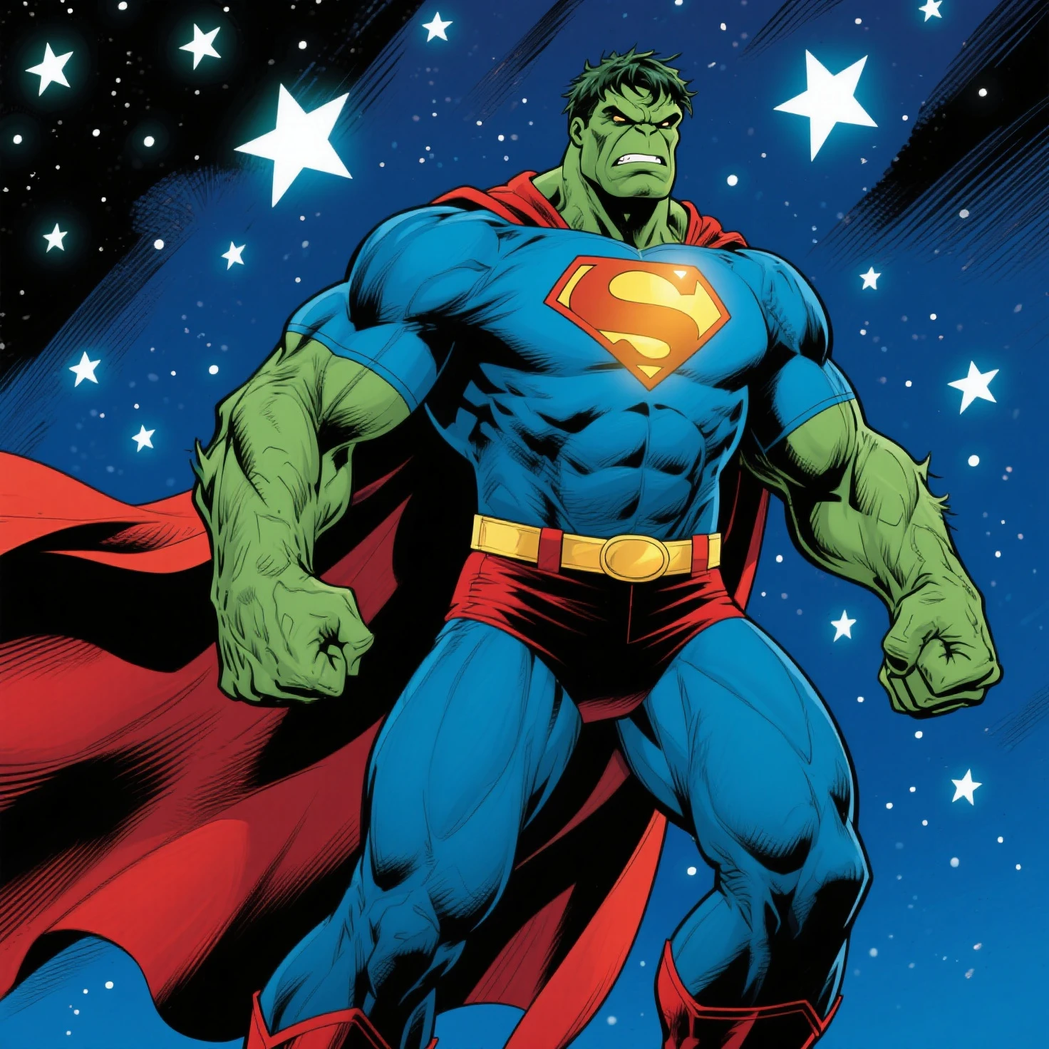 hulk dressed in superman outfit, holding a white rocket. --auto --s2