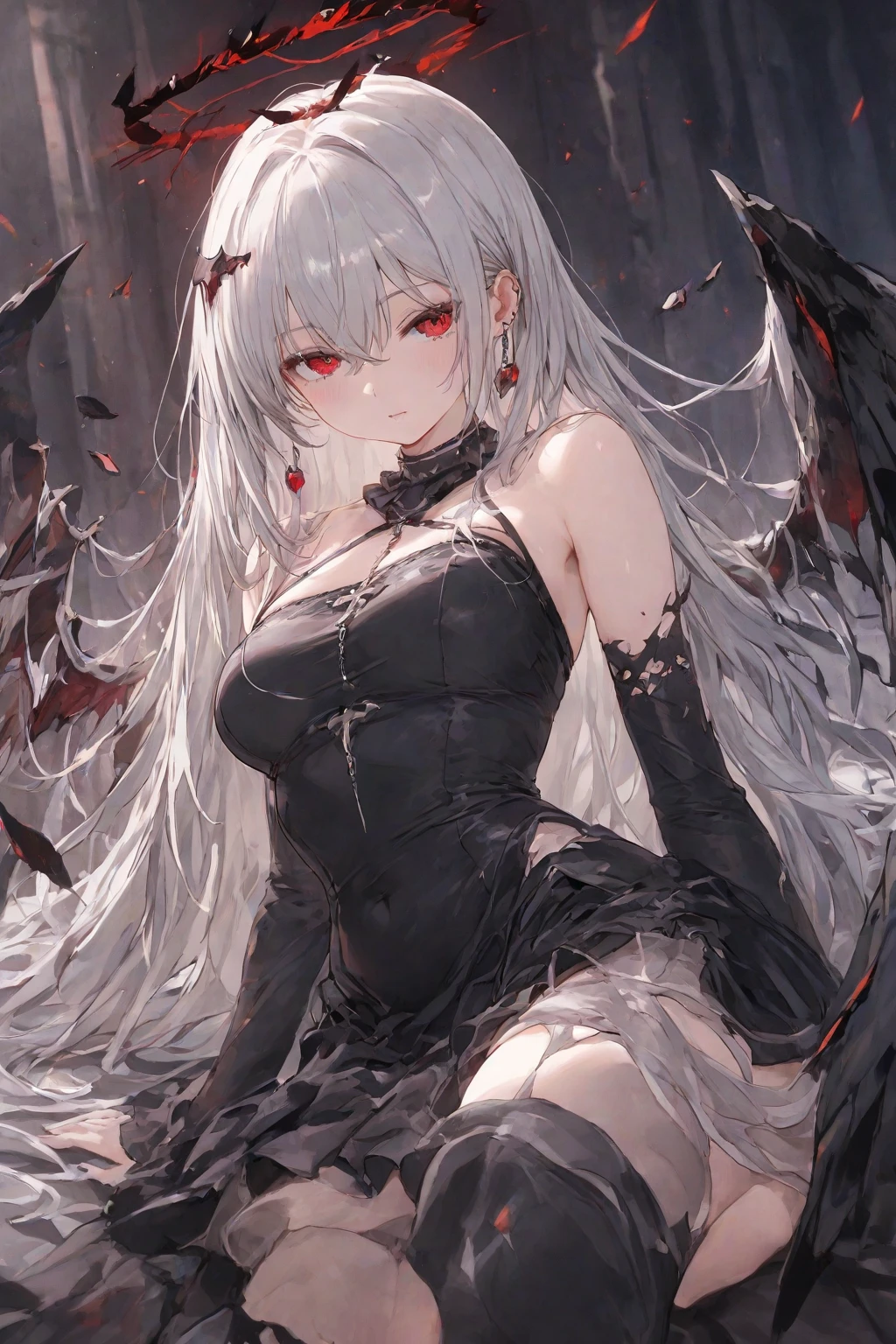 Vampire woman, vampire fangs, (blood on her chin), (white hair), (thick dress), (master piece), (on her knees), (bareback), (long hair), perfect body, (fishnets:1.3), (ultra realistic eyes), (detailed face), DSLR photography, sharp focus, Unreal Engine 5, Octane Render, Redshift, (cinematic lighting), 8K, RAW, unedited, symmetrical balance, in-frame, symmetrical face, symmetrical body, symmetric hands.