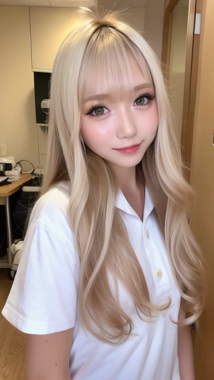4k、Raw photo、photorealistic stick、High resolution、Japanese cute 25 year old woman , face like an idol、sunburned skin、sunburn、Light blonde wavy medium hair、With bangs、 cute real photo girl、、Facility Manager、sitting in a chair in a nursing home office、look at the camera