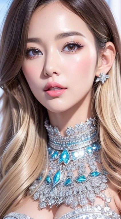 a close up of a woman wearing a silver dress and a choke, portrait of kim petras, blonde goddess, dove cameron in a knight armor, amouranth, lacey, ava max, belle delphine, jaw dropping beauty, shiny silver, a gorgeous blonde, anna nikonova aka newmilky, face like ester exposito, dasha taran , , blackpink jennie , blackpink Lisa , asian famale face , cute girl , Korean famale