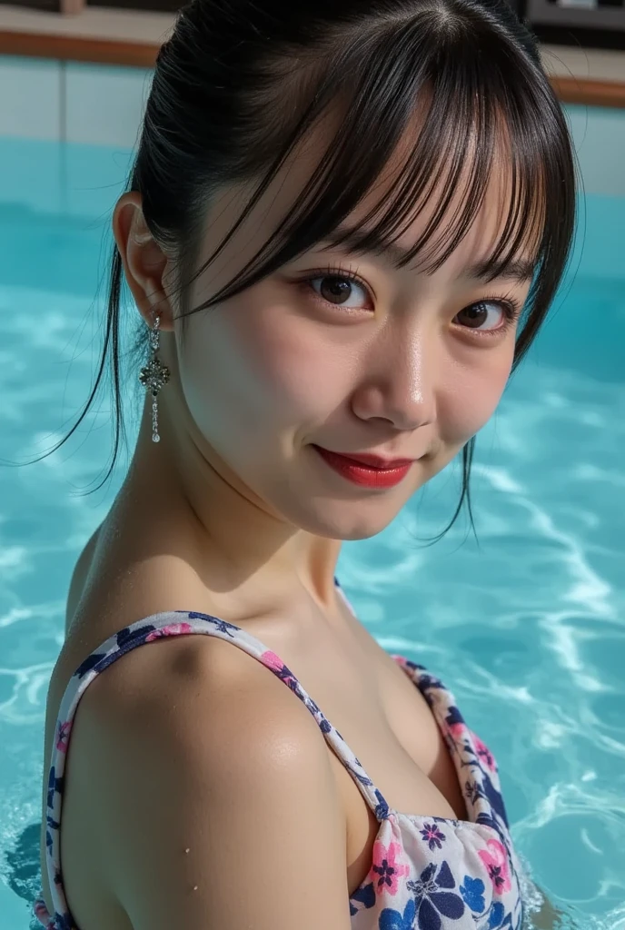 ((最high resolution、8K、最high resolution:1.3))、Photorealistic、Sharp Focus、high resolution、High resolution、Portrait、solo、Japanese、Middle-aged women、Beauty、Full Body Evian、47 years old、Long Hair、Wrinkles at the corners of the eyes、Poolside、Beautiful blue sky、Sexy figure、((Swimsuit、Swimsuit))、Thighs、((Thighs、Large Breasts))、Red lipstick、Blue eyeshadow、Curly Hair、