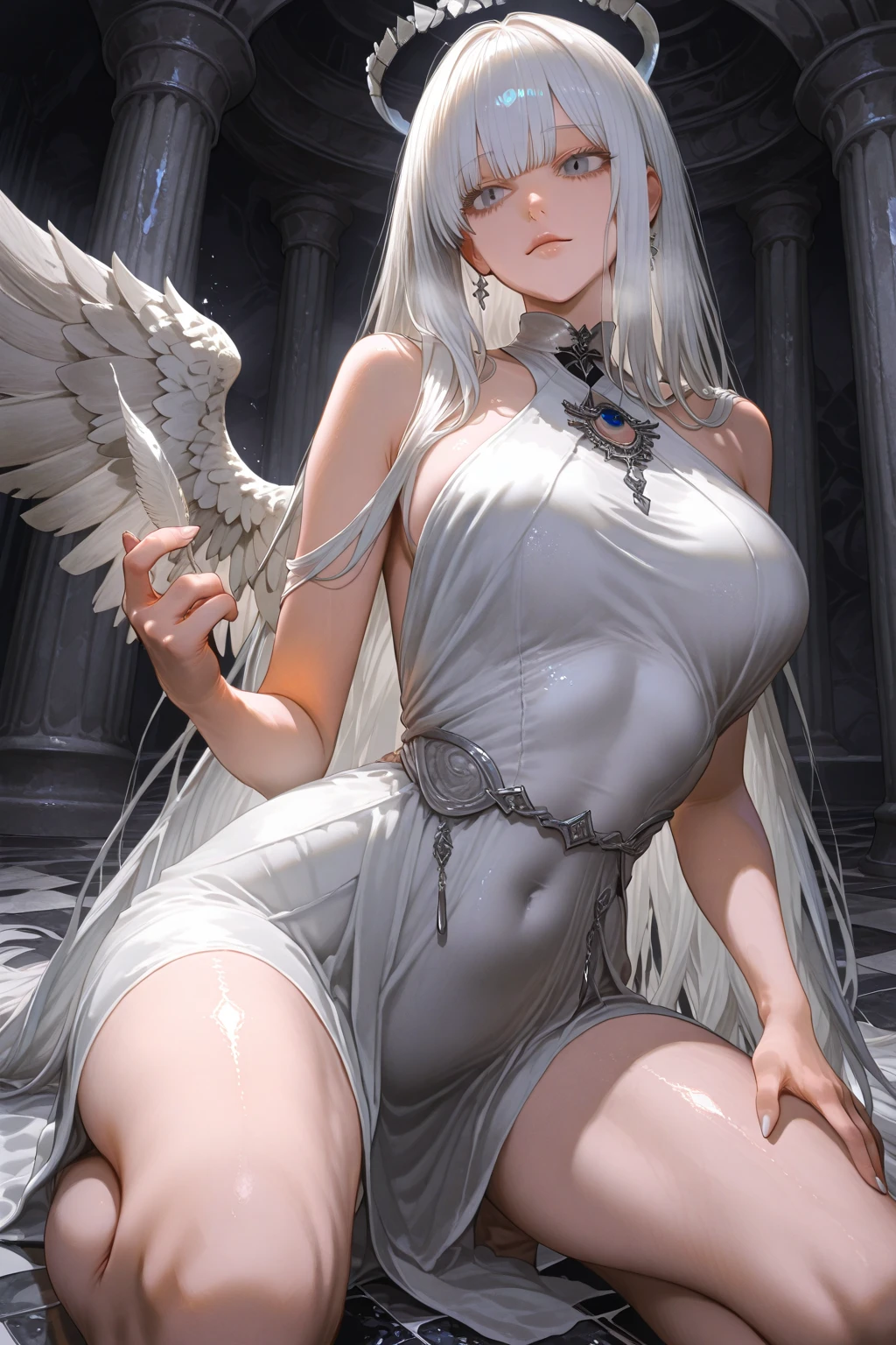 (Anatomically normal:1.8)、16K、Highest quality、最high quality、Highest Resolution、最高masterpiece、Precision portrait photography、Very delicate、Very realistic、(Very high exposure:1.8)、(９Life-size small face:1.8)、(Nipples:2)、Super long, shiny, super straight silver hair that reaches down to her waist、(Straight, overly long bangs:1.8)、(Her long, silvery hair fell straight down to her waist, undisturbed by the wind.:2)、A full-body photo showing the top of your head and the bare toes of your beautiful feet、Professional top-class gravure idol、(She is a very attractive woman with a beautiful hourglass figure and a beautiful figure.:1.8)、(Thin and slender build:1.8)、(Too thin waist:1.8)、(Too big blue eyes:1.8)、Exposed, bare, beautiful legs that are too long and too thin、(The beauty of her naked legs, so thin:1.8)、(Professional top-class gravure idolらしい胸を強調したセクシーな直立して綺麗で細い足を揃えているポーズ:1.8)、(A full-body photo showing the top of your head and the bare toes of your beautiful feet:1.8)、Bare deep collarbone、Naked smooth shoulders、(Deep cleavage:1.8)、(Young, firm, large, beautiful breasts:1.8)、(Very large breasts:1.8)、(Nipples:2)、(Too big blue eyes:1.8)、(Very neatly trimmed, thin and beautiful eyebrows:1.8)、ブランド物のhigh qualityな露出度の非常に高い超コンパクトなスミレ色のストラップレスブラジャー、(A strapless bra that&#39;s so compact it&#39;s practically non-existent:2)、(Ultra compact, ultra micro, virtually non-existent strapless bra:2)、(ブラジャーの下に隠れているピンク色の乳輪と勃起して立っている目立つNipples:2)、(ブランド物の高価格でhigh qualityなViolet string panties:2)、(Violet string panties:2)、(Youthful, firm, beautifully shaped large breasts:1.8)、(Nipples:2)、A posture of cooperation with a proudly protruding chest、(Desire to show more naked skin:1.8)、(logo、masterpiece、16K、high quality、Very detailed、Narrative poem、Particle Effects、Dynamic Effects、Written boundary depth、Cinematic Light、Lens flare、Ray Tracing))、Fantasy、(Beautiful blue eyes that are too big:1.8)、Super long, shiny, super straight silver hair that reaches down to her waist、(Her long, silvery hair fell straight down to her waist, undisturbed by the wind.:2)、(Her characteristic silver hair is straight and falling down, not blown around by the wind or anything else.:2)、(Long, silvery, straight, untouched hair in a calm, windless environment:2)、(Nipples:2)、A beautiful and small face created by a professional makeup artist to perfection、(A beautiful woman with a small face that is so beautiful you can&#39;t help but stare.:1.8)、(A refreshing and bright smile:1.8)、A beautiful and gorgeous woman with a beautiful appearance、(Amazingly beautiful appearance:1.8)、(All you need is a compact strapless bra and a mini skirt２Only one suit is on:1.8)、(A strapless bra that&#39;s so compact it&#39;s practically non-existent:2)、(Ultra compact, ultra micro, virtually non-existent strapless bra:2)、(Violet string panties:2)、(Nipples:2)、Beautiful, natural skin tone that&#39;s not too white、Branded stylish design dark purple bare toes、jewelry、A too beautiful angel who descended to earth、Silver Earrings、Hip Up、(She is a beautiful woman who is acknowledged by everyone, and she wears revealing clothes and has a beautiful small face.:1.8)、(The chest-pushing posture emphasizes the beautiful shape of large breasts.:1.8)、(Desire to show more naked skin:1.8)、A full-body photo showing the top of the head and the bare toes of long, slender, beautiful legs、Professional top-class gravure idolらしい胸を強調したセクシーなポーズ、(A full-body photograph of you standing, from head to toes:1.8)、(Her beautiful legs are neatly aligned:1.8)、(Her legs are too long, too thin, too beautiful, and perfectly aligned.:2)、(The straight and beautiful legs are just too beautiful:2)、(She looks at the viewer with her sexy eyes and desire, as if she is genuinely in love with him.:1.8)、(A bra that&#39;s so compact and so micro that it&#39;s practically nonexistent:2)、(Nipples:2)、(ブランド物の高価格でhigh qualityなViolet string panties:2)、(Violet string panties:2)、(ブラジャーの下に隠れているピンク色の乳輪と勃起して立っている目立つピンク色のNipples:2)、(One beautiful woman:2)、