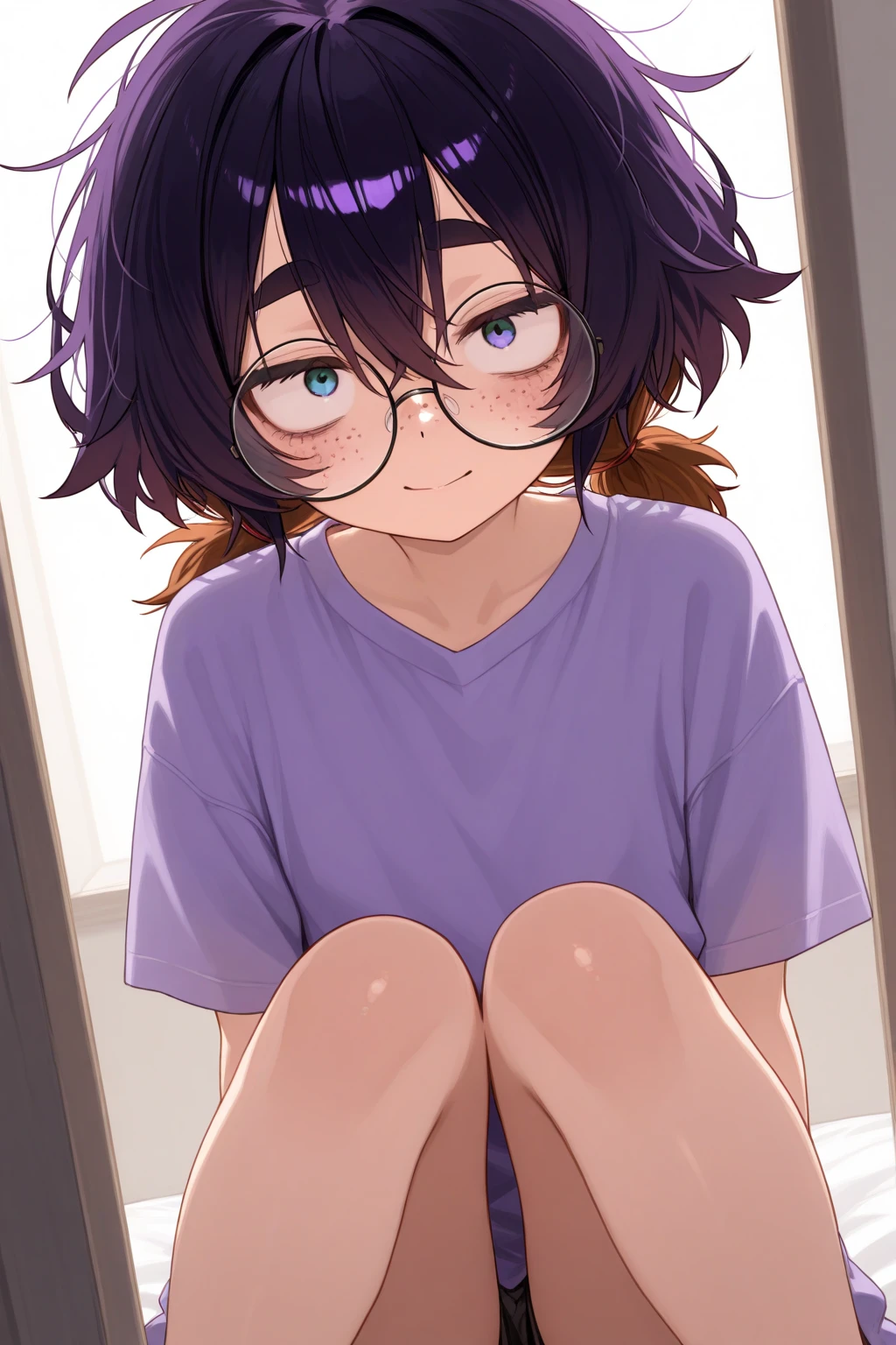 1 girl, alone, ppka, black fur, short hair, messy fur, Ahoge, parts, parts por todo el cuerpo, grey eyes, blind, cute smile looking at the viewer, 
changing, putting on panties, foot raised to put on panties Long sleeve blouse, lilac sweatshirt, white panties Ashamed, blushing, embarrassing smile