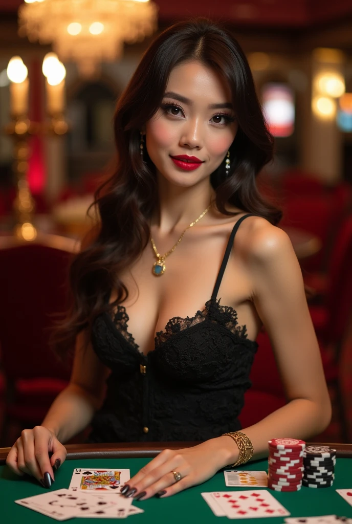 (masterpiece, photorealistic:1.4, extremely intricate:1.3), (photon mapping, radiosity, physically based rendering, ultra resolution, hyper-realistic, photorealistic:1.4, hyper-realistic, 8K), ((((closeup breasts, [medium breasts:small breasts:0.2], closeup portrait, teenage 18years [supermodel:athlete:0.3], (cheekbones)), long straight ponytail ([glossblack hair:dark hair:0.7], [makeup:freckles:0.8])), necklace), green eyes), smile. laugh, BREAK, (((indoor, restaurant, party, night, dark, shadows, (red black chinoiserie elegant:1.3 dress))))