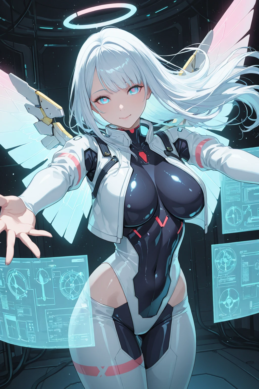 Beauty、muste piece、best quality、cyber punk、Skin exposed in places、shiny skin、shiny skin、well-groomed face、high tech machine、Exposed cleavage、angelic wings、white costume、Thigh exposure、white hair、bra and panties、bright background