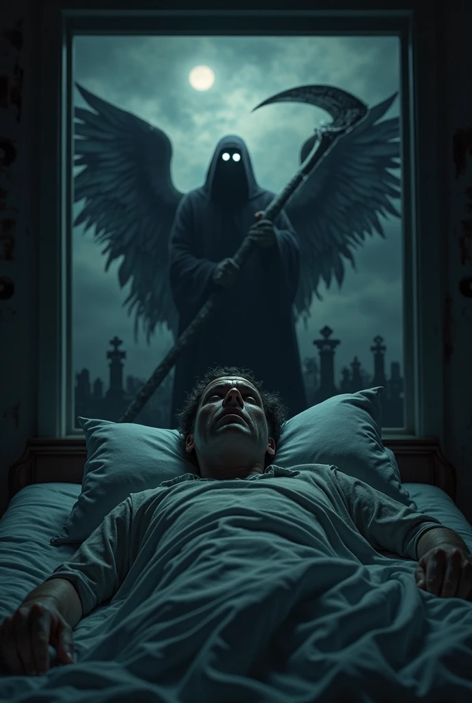 While a man is dying on his deathbed, Azrael takes his soul from his body. Azrael is very scary type

