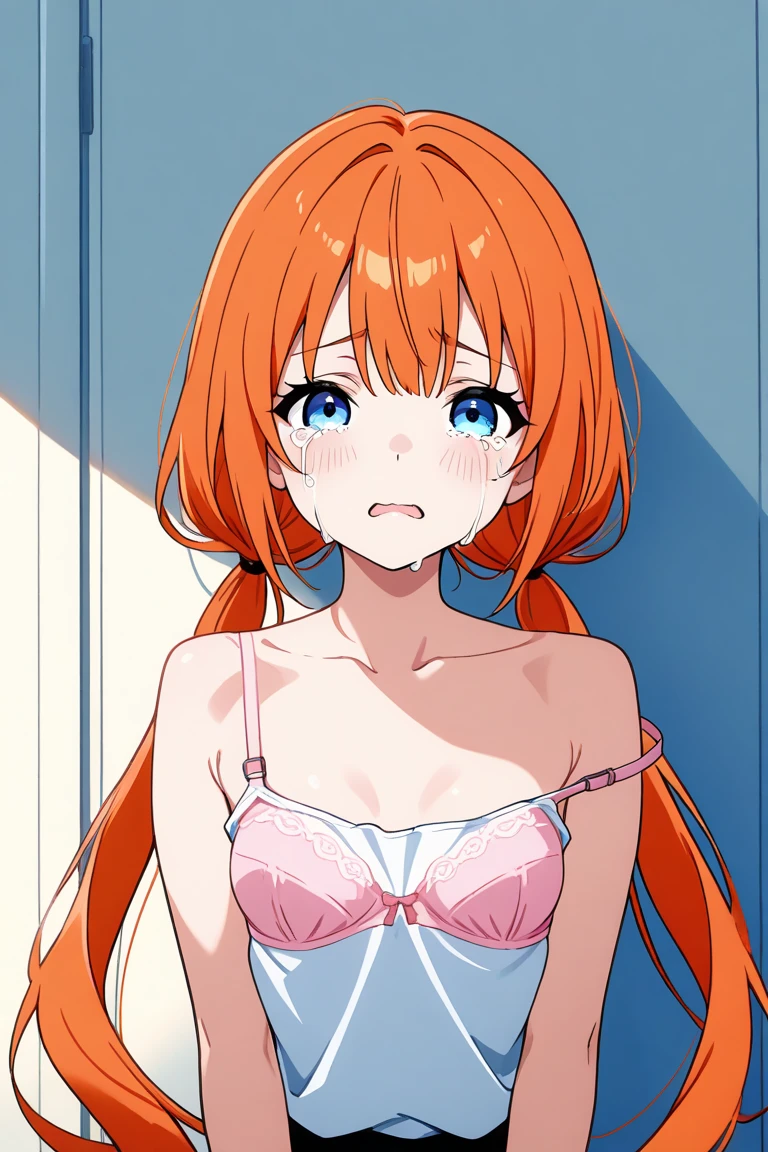 detailed illustration, dynamic angle, ultra-detailed, illustration, 1girl, 24 years old, orange red hair, long hair, bright blue eyes, detailed eyes, worried look, sitting on couch, living room, daylight, morning, holding papers, yellow sundress, cleavage, tears, worry